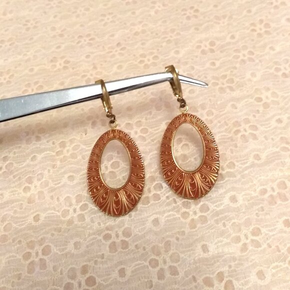 Vintage Red Gold Art Deco Gold Tone Large Oval Dangle Drop Earrings - Picture 3 of 9